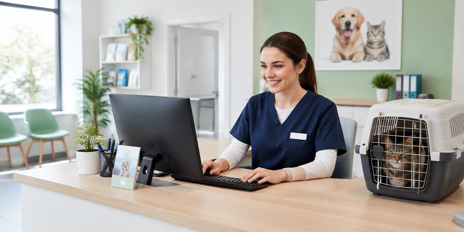 موظفة استقبال في عيادة بيطرية تستخدم نظام VetCare على الحاسوب